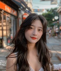Obraz premium Portrait of a Young Asian Woman with Long Black Hair in a White Tank Top