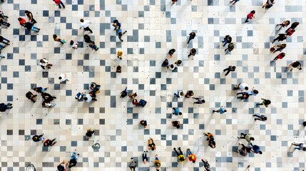 Aerial View of People Walking on Checkered Floor