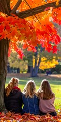 Three Girls Sitting Underneath a Tree with Red Leaves in Autumn
