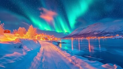 The beautiful northern lights over the icy road illuminate the snowy village. A magical polar night.