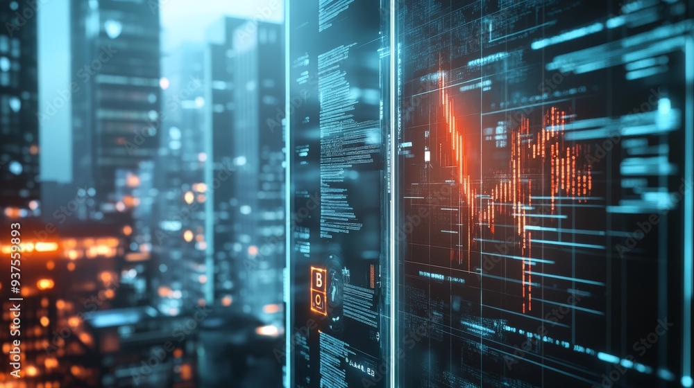 Aufkleber abstract financial data visualization with skyscraper background, symbolizing futuristic stock excha