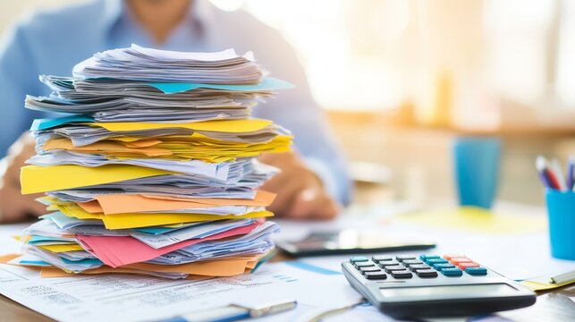 A cluttered workspace featuring a tall stack of papers, a calculator, and various office supplies, symbolizing busy work life.
