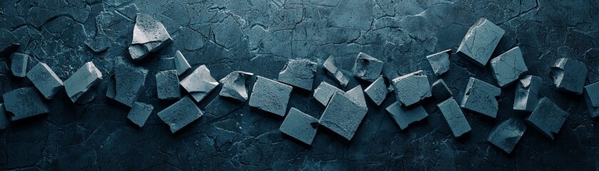 A collection of broken pieces arranged on a dark surface, creating an artistic and modern visual texture.