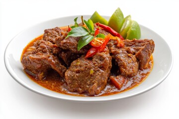 Fototapeta premium Lung Rendang, This version uses cow lungs, which are cooked in the same spicy coconut milk mixture until they absorb the rich flavors. isolated on white background