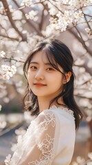 Young Woman in White Dress Posing in a Field of White Flowers