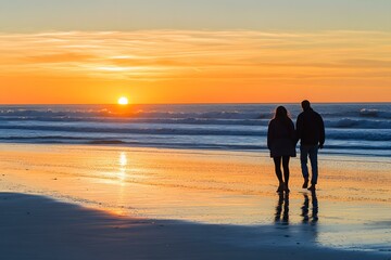 Couple Walking on Beach at Sunset