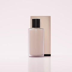 Cosmetic glass bottle with a black cap, standing on a white backdrop. The background features a faded pink gradient, giving the image a luxurious and vibrant appearance.
