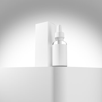 white dropper bottle with a blank label, paired with a matching white box. The items are placed on an elevated surface with a smooth gradient background, creating a minimalist and modern look.