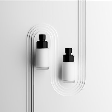 Two Matte Frosted Glass Pump Bottles with Black Caps on Abstract White Embossed Surface for mockup template