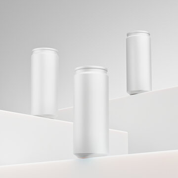 Three Pristine White Beverage Cans Gracefully sitting Above a Series of Illuminated Geometric Platforms, Creating a Surreal and Futuristic Floating Display in a Minimalist Dreamscape