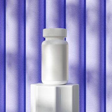 White Supplement Bottle on Geometric Pedestal with Soft Shadows Against Vibrant Blue Textured Background in Contemporary Product Display