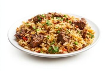 Mutton Fried Rice, Made with tender pieces of mutton, this fried rice is rich and flavorful, often spiced with turmeric, ginger, and coriander. isolated on white background