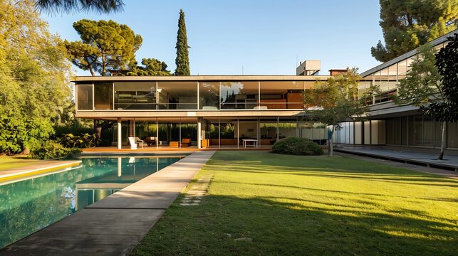 Modern House with a Swimming Pool and Lush Greenery