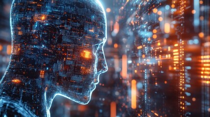 Abstract image of AI-powered human head and data flow in futuristic digital interface. Concept of machine learning, cybernetic technology, and big data.