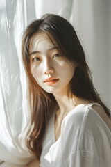 Asian Woman Posing With Curtain In Sunlight