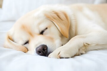 Golden Retriever Puppy Sleeping on White Bed