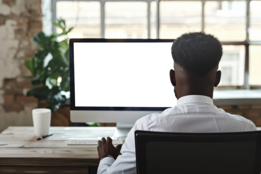 Unrecognizable black businessman using computer with empty blank screen