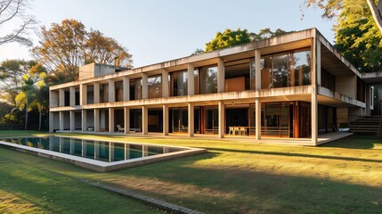 Fototapeta premium Modern Concrete House with Swimming Pool and Lush Greenery