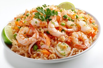 Seafood Fried Rice,This version incorporates various types of seafood such as shrimp, squid, and fish. isolated on white background