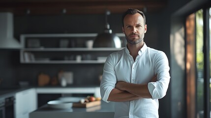 Fototapeta premium Man in White Button-Up Shirt: A man in a white button-up shirt, with rolled-up sleeves, standing confidently in a modern kitchen. --ar 16:9 