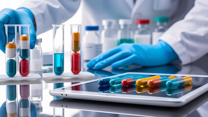Close-Up of Tablet with Colorful Capsules in Laboratory Setting, capsules over white background, Colorful medicine capsules in glass containers, on white background