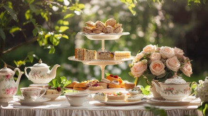 Elegant Afternoon Tea Setting with Floral Decorations