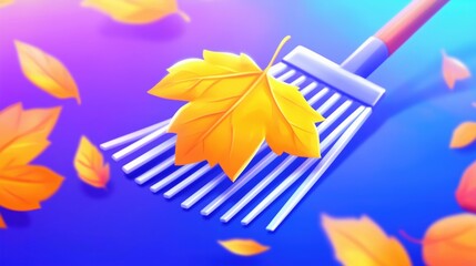 Obraz premium A cartoon-style illustration of an autumn leaf lying on the edge of raking brushes.
