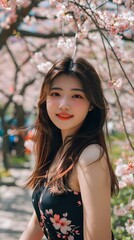 Portrait of a young woman smiling with cherry blossom background