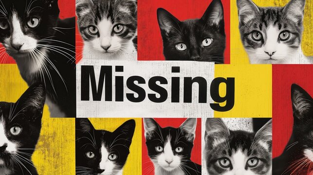 A cat is missing message on a black and white grainy grungy collage with different cats. Lost pets problem.