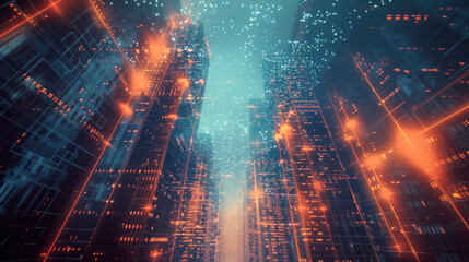 Fototapeta premium A cityscape with a bright blue sky and a lot of lights. The city is filled with buildings and the sky is filled with a lot of lights. Scene is energetic and lively.