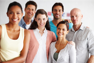 Obraz premium Business people, portrait and diversity in office for collaboration, confident and professional company. Team, happy and multicultural in workplace for partnership, pride or project with cooperation