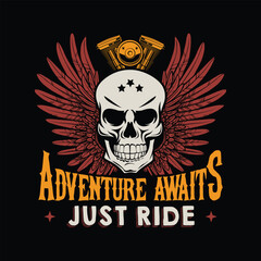 Fototapeta premium adventure awaits, just ride biker t shirt design, pod design template