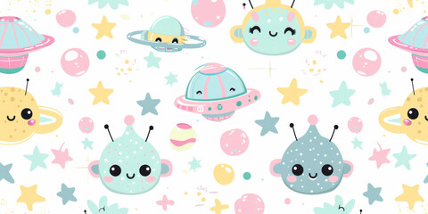 Cute Cartoon Aliens and Planets Pattern