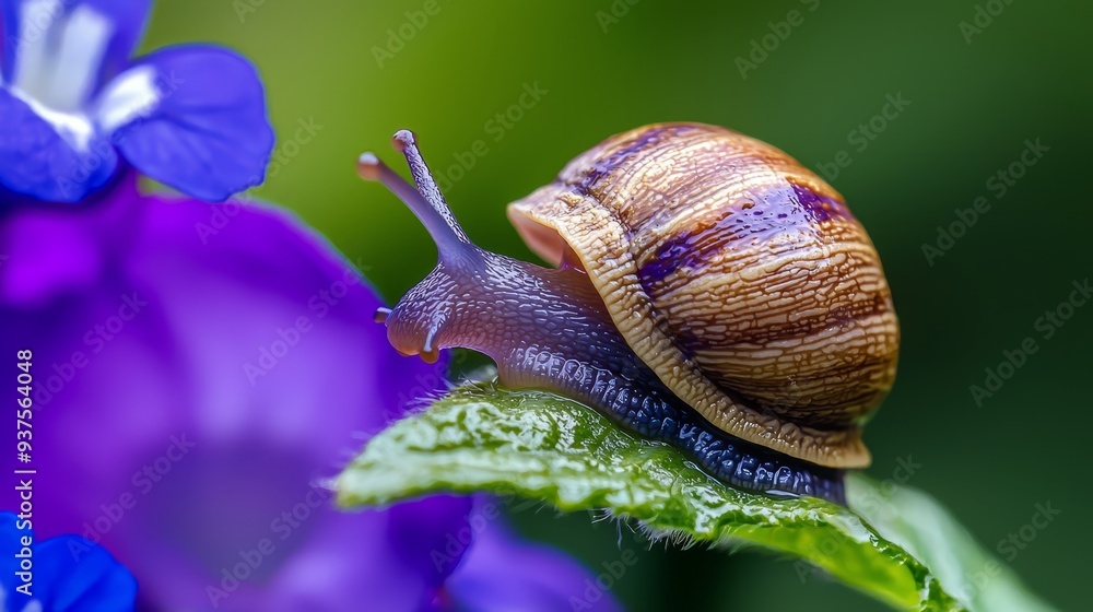 Sticker  A tight shot of a snail on a plant with vibrant purple flowers in the background and a softly blurred backdrop