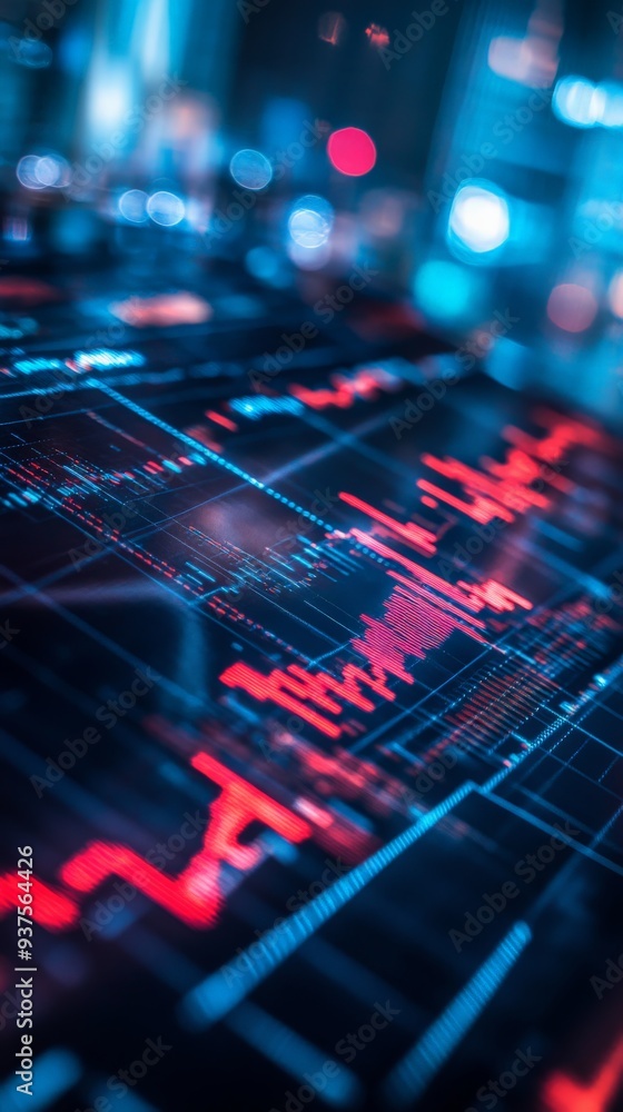 Poster close-up of digital stock market graph showing trends and fluctuations in red, set against a modern 