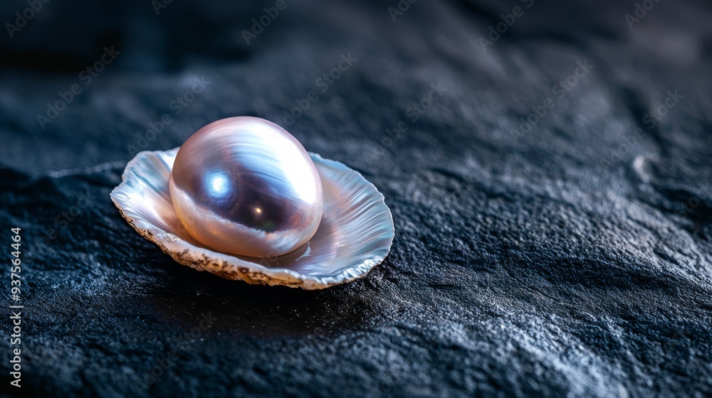 Poster a pearl, tightly nestled in a shell, against a black backdrop reflection of the pearl within the she