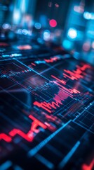 Close-up of digital stock market graph showing trends and fluctuations in red, set against a modern background of financial data and charts.