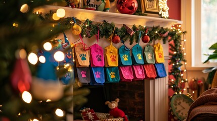 Naklejka premium Advent Calendar Tags Hanging by Fireplace with Christmas Decorations