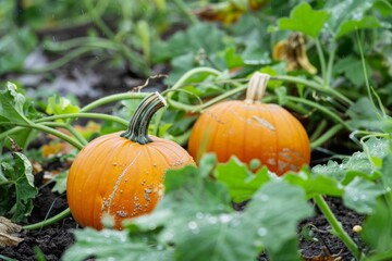Harvest of orange pumpkin among green grass in a field. Concept of growing crops.