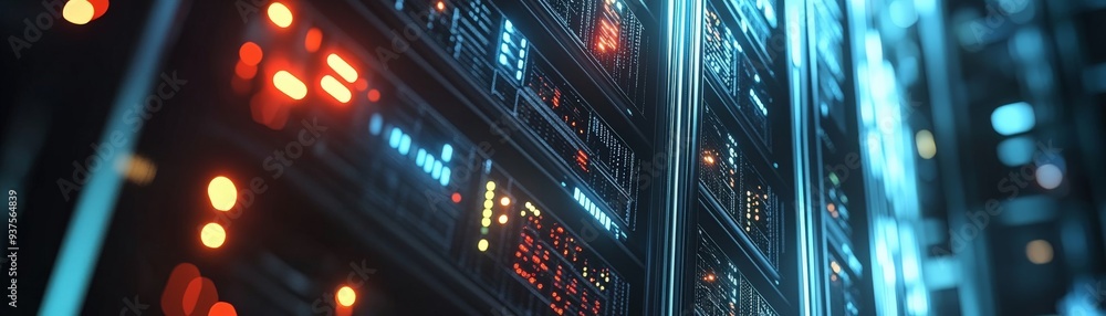 Poster close-up of illuminated server rack in a data center, showcasing modern technology and network infra