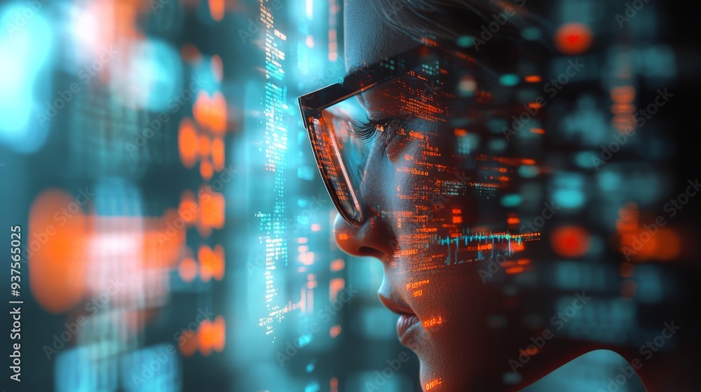 Poster close-up of person wearing glasses reflecting code and digital data, symbolizing technology and arti