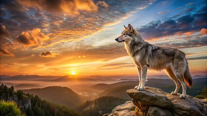 Naklejka premium As the sun sets over the distant mountains, a solitary wolf perches on a rock, surveying the expansive landscape filled with vibrant colors and shadows