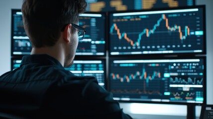 A focused individual analyzes stock market data on multiple monitors in a modern trading environment.