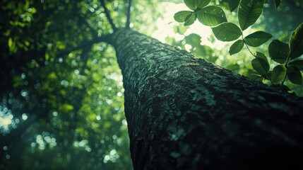 A canopy view of a dense forest, showcasing the rough textures of tree bark and leaves. Sunlight highlights the natural grain patterns, adding depth to the forest scene.


