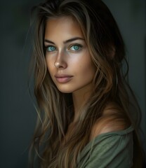 Naklejka premium Portrait of a Beautiful Young Woman with Long Blonde Hair and Blue Eyes