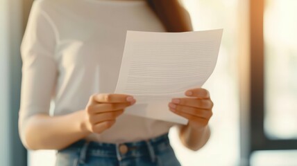 Naklejka premium A person reading a document in a brightly lit indoor setting, showcasing focus and engagement with written content.