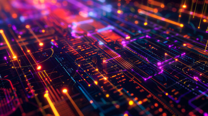 Fototapeta premium A colorful, abstract image of a cityscape with bright orange and purple lights. Concept of energy and excitement, as if the city is alive and bustling with activity.