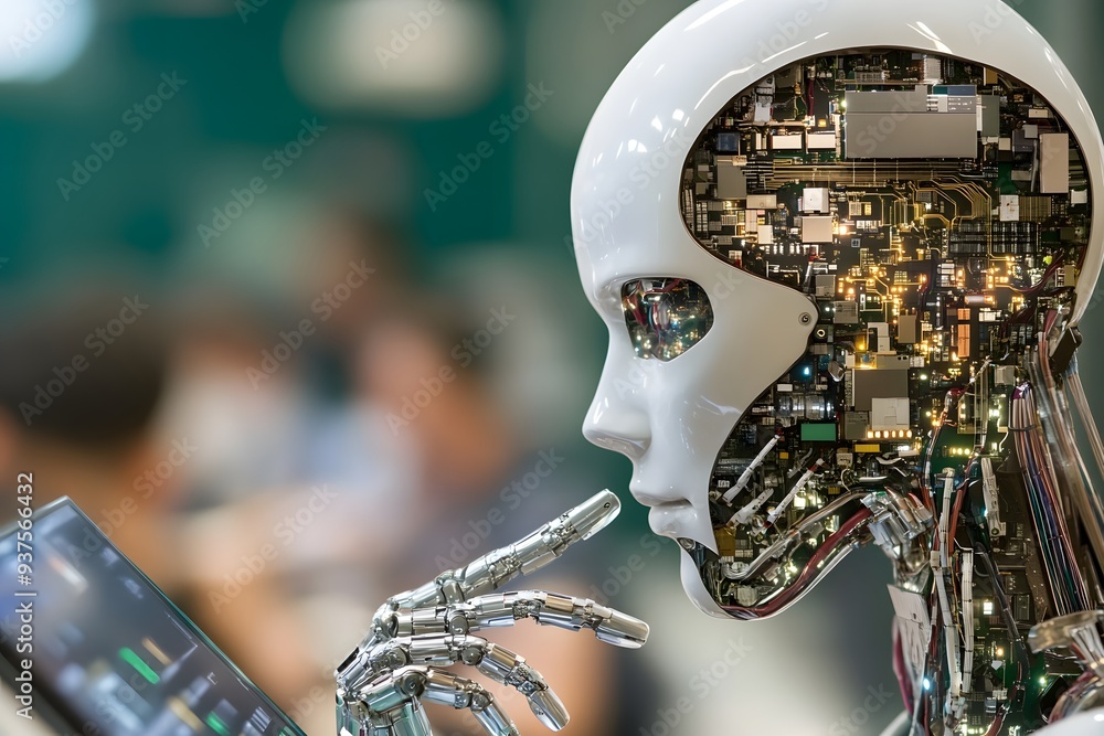 Poster ai robot interacting with touchscreen.
