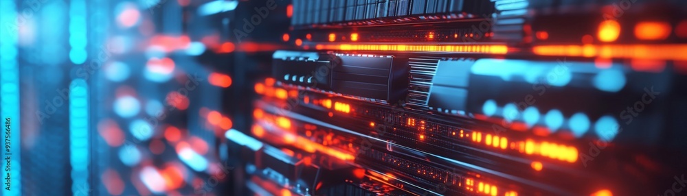 Poster data center servers with glowing lights indicating activity and connectivity in a modern digital env