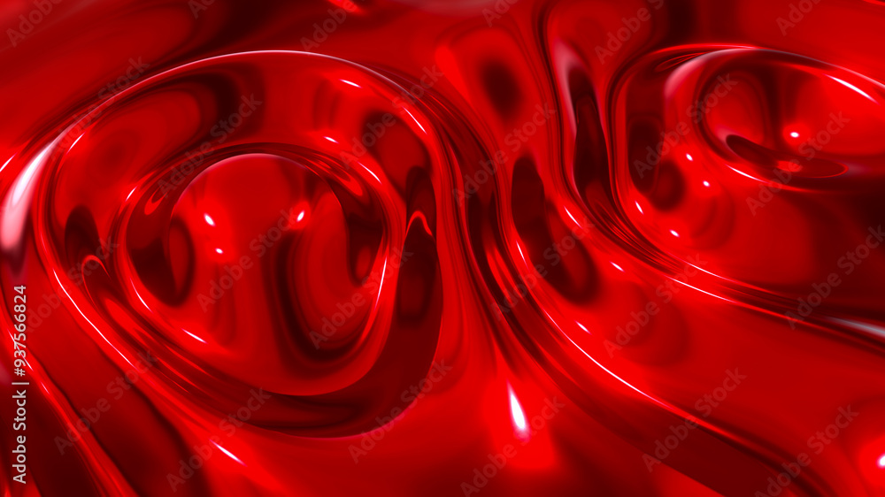 Wall mural Liquid red chrome waves background, shiny and lustrous metal pattern texture, silky 3D illustration.